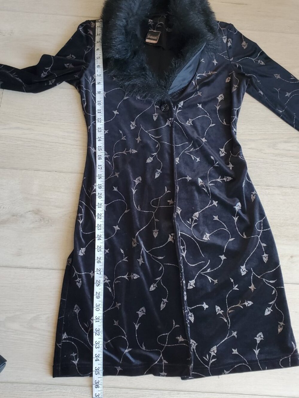 Fredericks Of Hollywood Black Velour Velvet Faux Fur Collar Coat Size Small - Picture 10 of 10